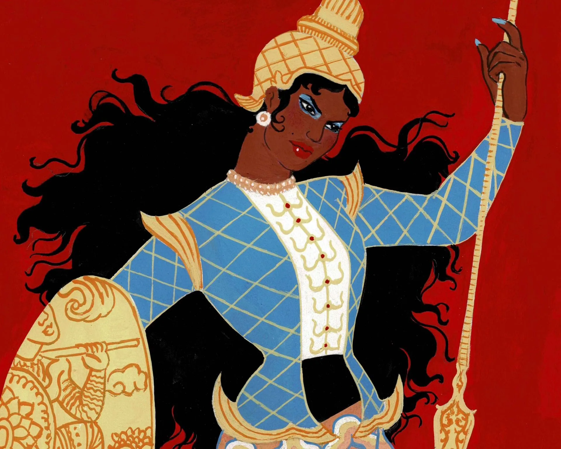 Illustration d'une guerrière aux longs cheveux noirs, casque doré, tunique bleue, bouclier et lance, sur fond rouge vif.