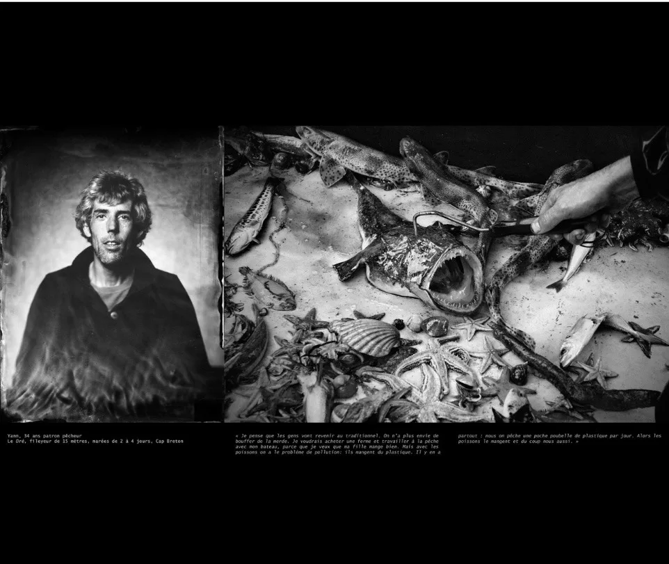 Diptyque en noir et blanc : portrait de Yann, patron pêcheur, et poissons, étoiles de mer et coquille étalés sur un pont.