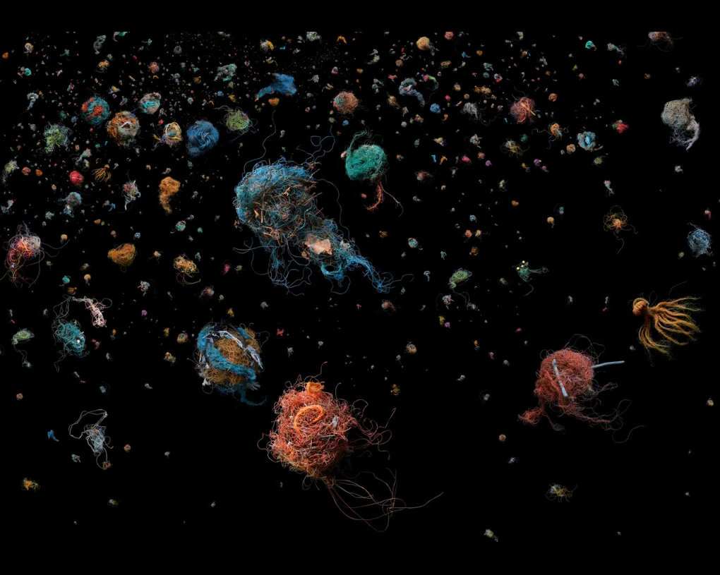 Fils de pêche et débris de plastique colorés, flottant sur fond noir comme du plancton ou des galaxies.