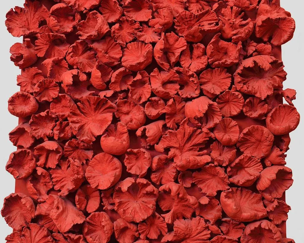 Relief rouge de Frans Krajcberg fait de dizaines de formes rondes et froissées, comme des fleurs ou des champignons serrés.