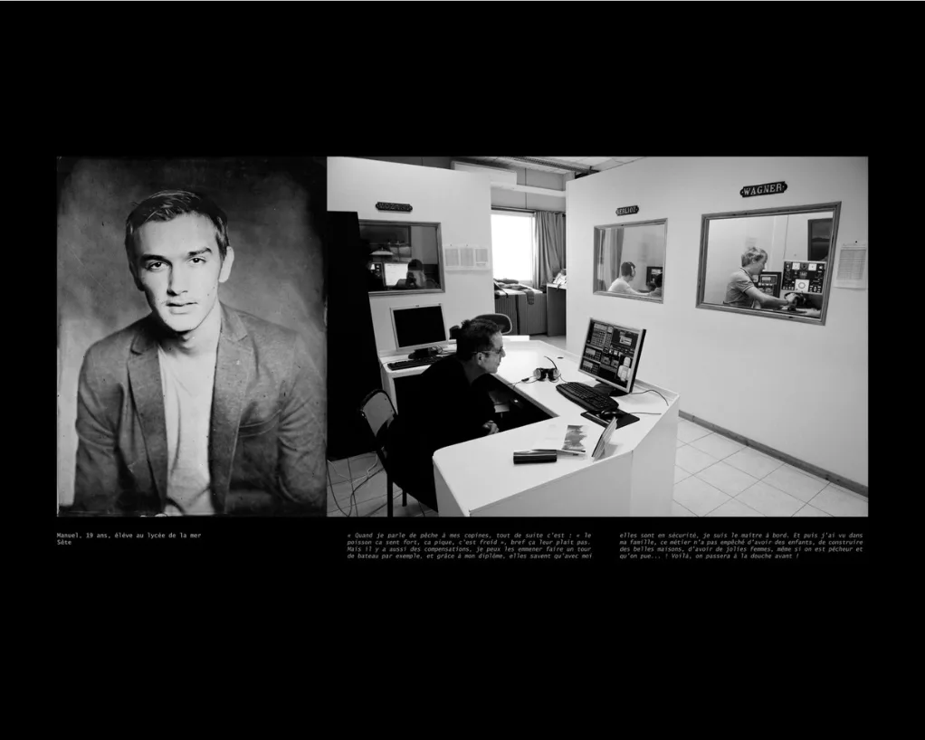 Diptyque en noir et blanc : portrait de Manuel, élève au lycée de la mer, et une salle de formation équipée d'écrans et de cabines.