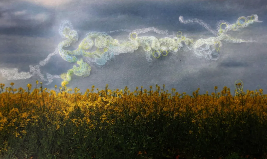 Champ de colza en fleurs sous un ciel d'orage, traversé de volutes lumineuses en forme de boucles, par Juliette-Andréa Élie.