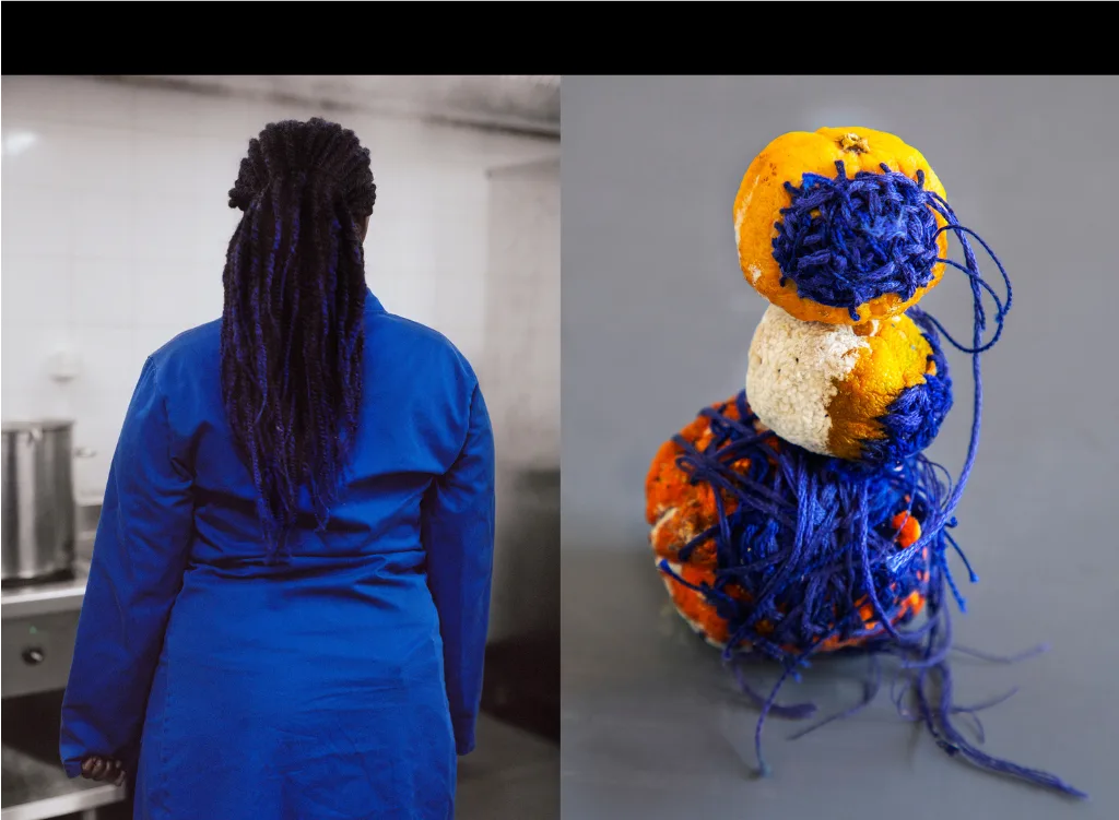 Diptyque d'Elene Usdin : une femme de dos en blouse bleue dans une cuisine, et une pile de fruits abîmés reprisés de fil bleu.