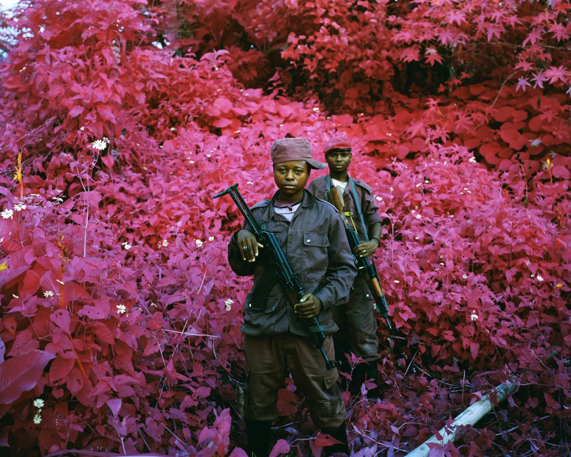 Deux hommes en treillis, fusil à la main, debout au milieu d'une végétation dense devenue rose et rouge par l'infrarouge.