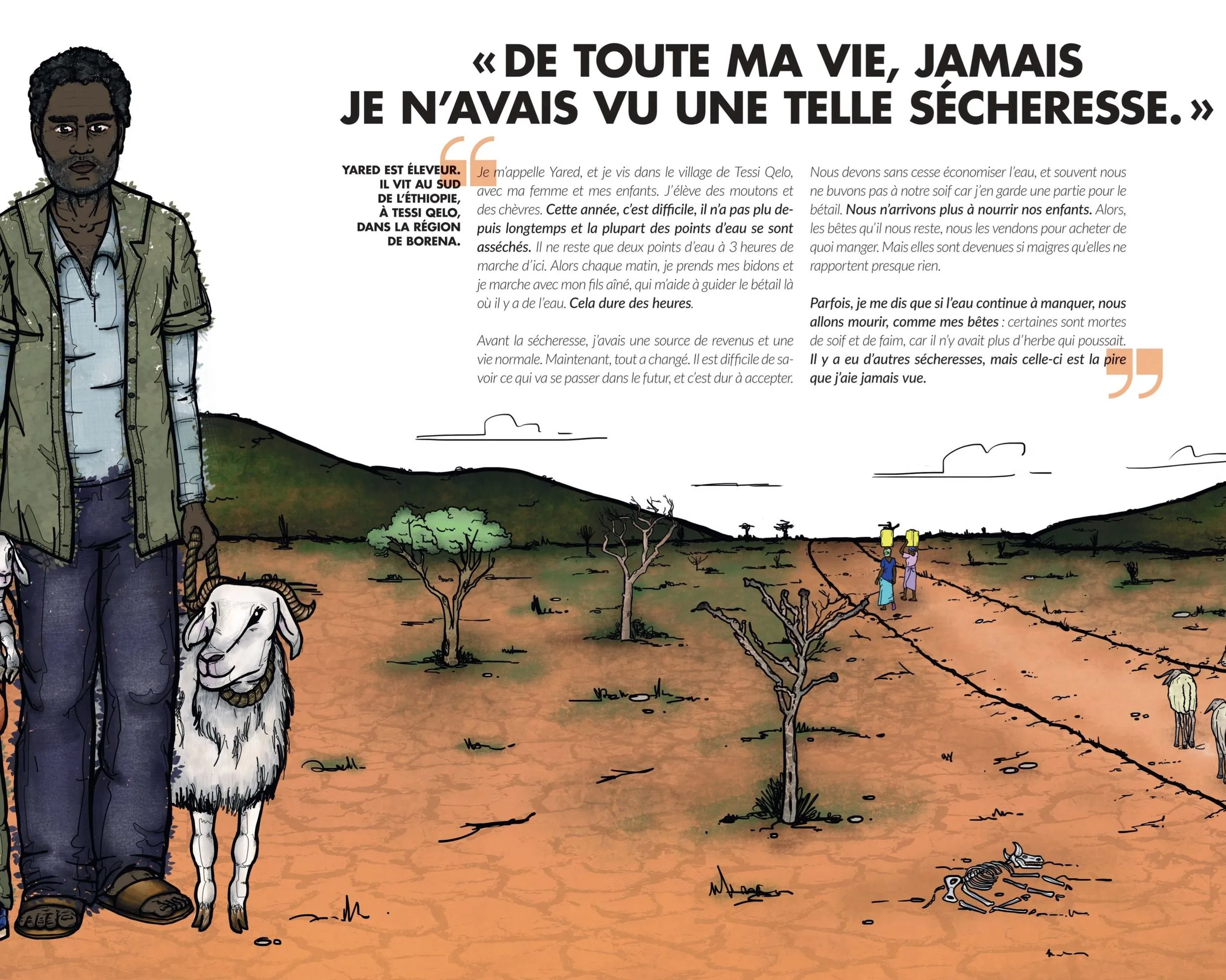 Panneau illustré : Yared, éleveur éthiopien, debout avec une chèvre dans un paysage de sécheresse, et son témoignage en texte.