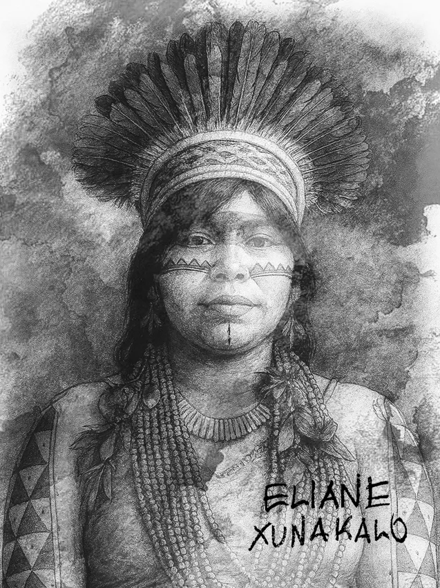 Portrait en noir et blanc d'Eliane Xunakalo, coiffe de plumes et peintures sur le visage, son nom écrit en lettres capitales.