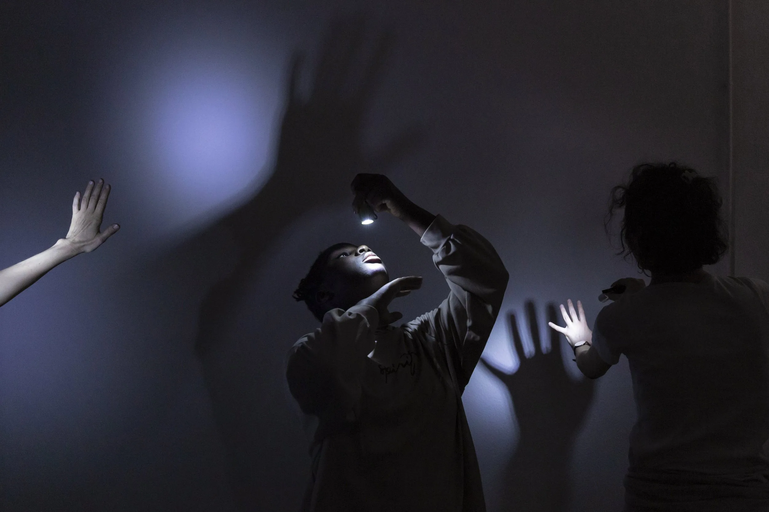 Dans la pénombre, une personne lève une petite lampe vers son visage ; des mains projettent de grandes ombres sur le mur.