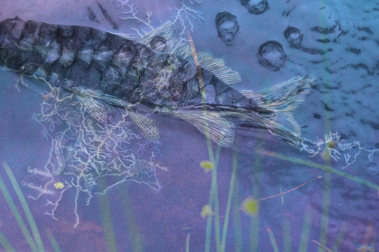 Image superposée aux tons bleus et violets : un poisson aux grandes écailles, des racines blanches, des bulles et des tiges d'herbes.
