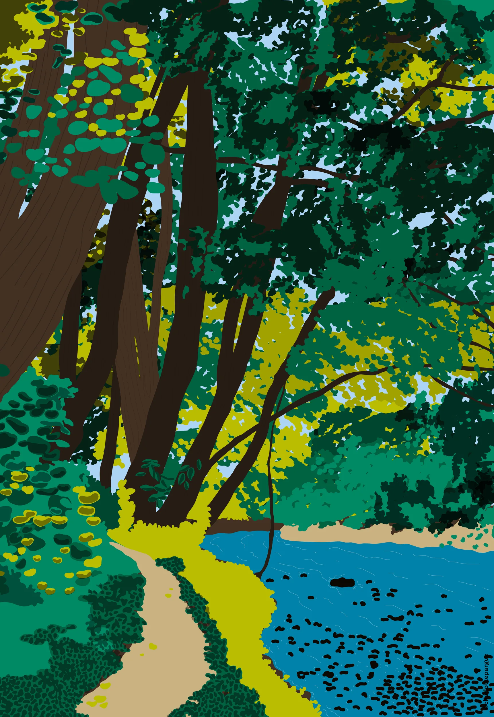 Illustration de Charlotte Pargue en aplats de couleurs : un sentier longe une rivière bleue sous de grands arbres aux feuillages verts.