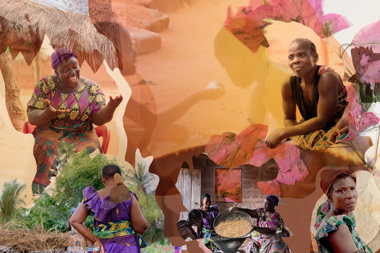 Collage de portraits de femmes au Togo, en pagnes colorés, riant, travaillant ou préparant du grain, mêlés à des fleurs roses.