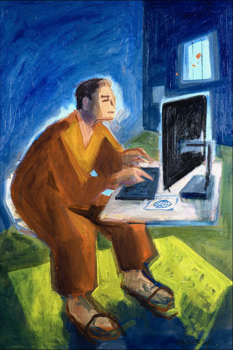 Peinture de Bertrand de Miollis : un homme en vêtement orange, pieds en sandales, penché sur un clavier devant un grand écran.