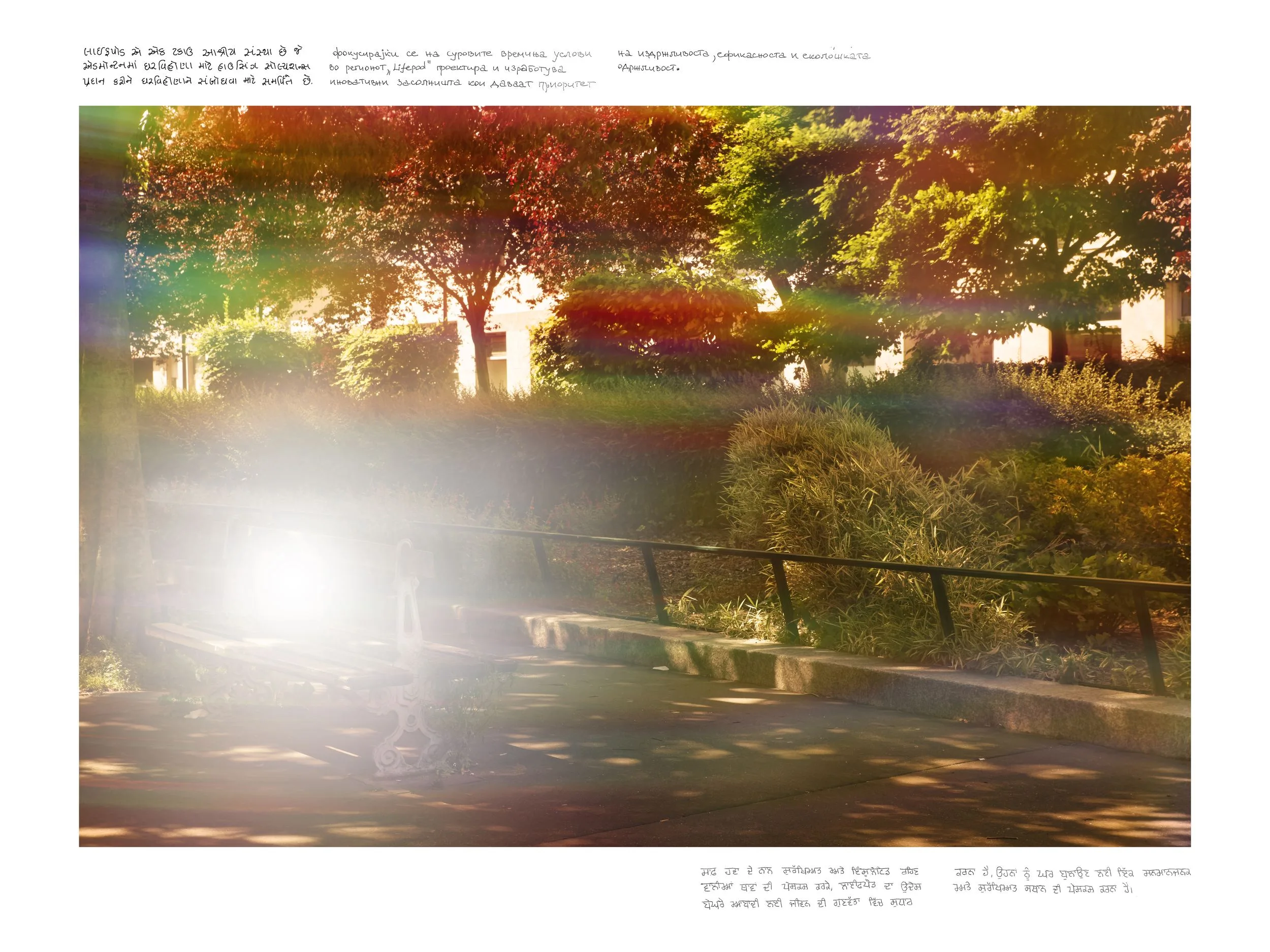Allée ombragée d'un jardin urbain traversée par un halo de lumière blanche et des reflets irisés, entourée de notes manuscrites.