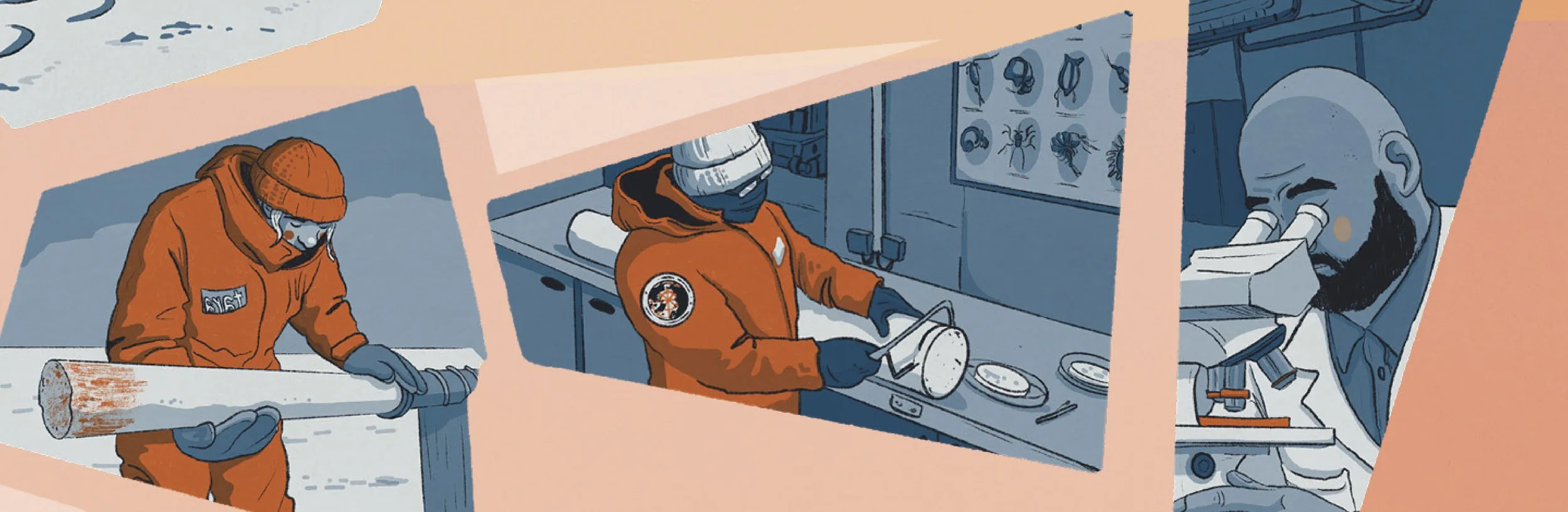 Illustration en trois cases de Yun Faillard : extraction d'une carotte de glace, analyse en laboratoire et observation au microscope.