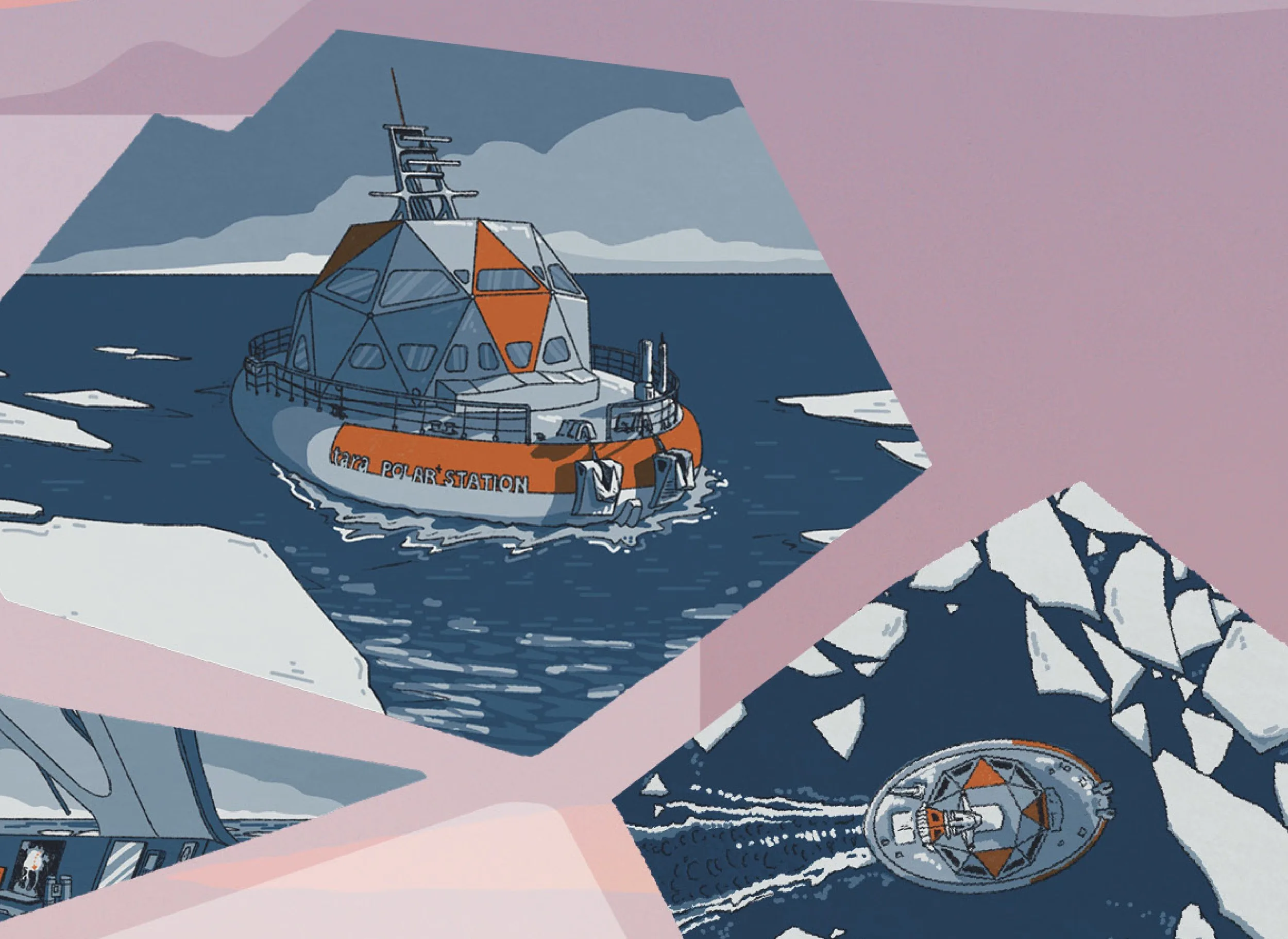 Illustration de Yun Faillard : la Tara Polar Station, navire à coupole, au milieu de la banquise et des plaques de glace.