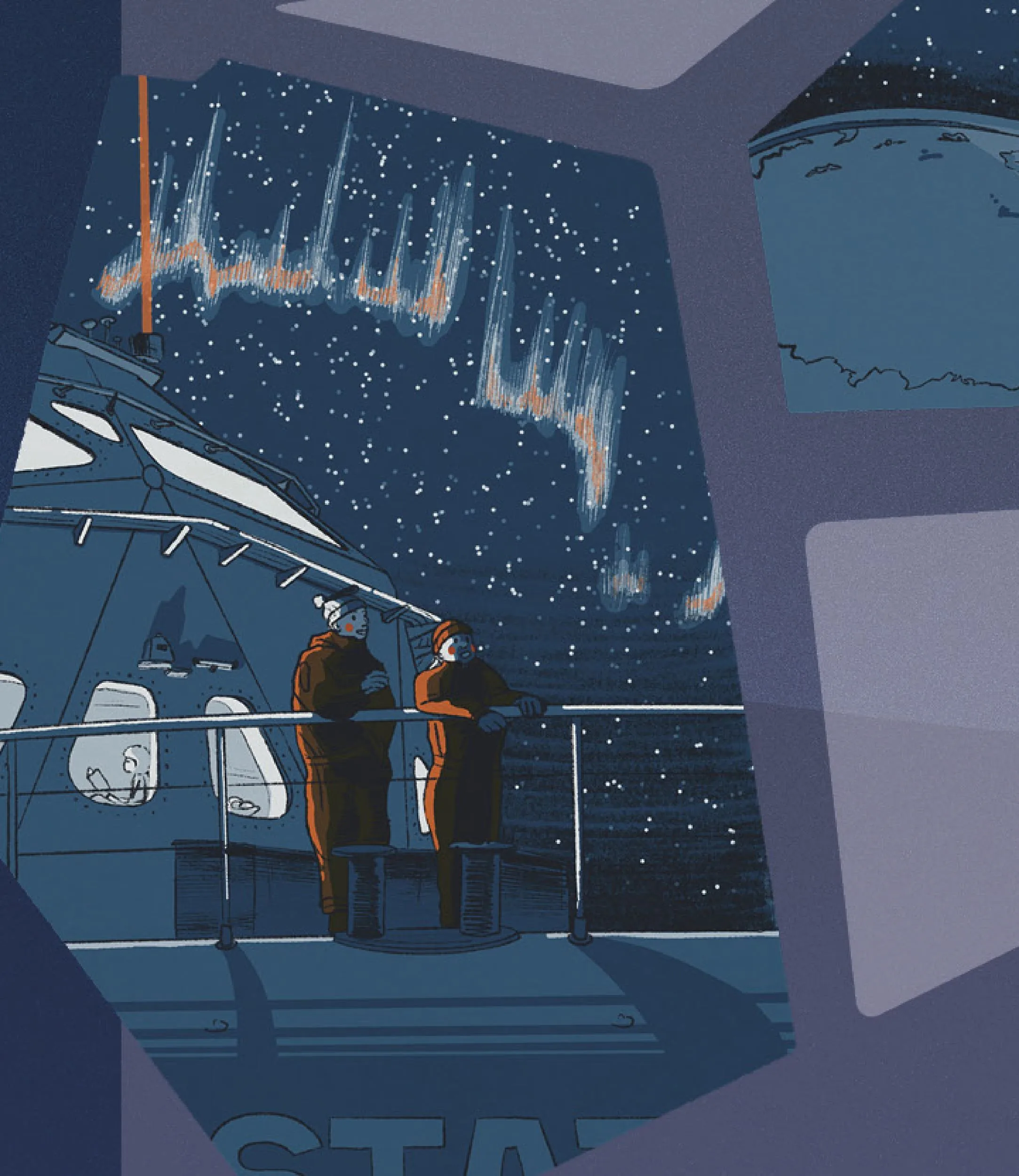 Illustration de Yun Faillard : deux personnes en combinaison orange sur le pont de la Tara Polar Station regardent une aurore boréale.