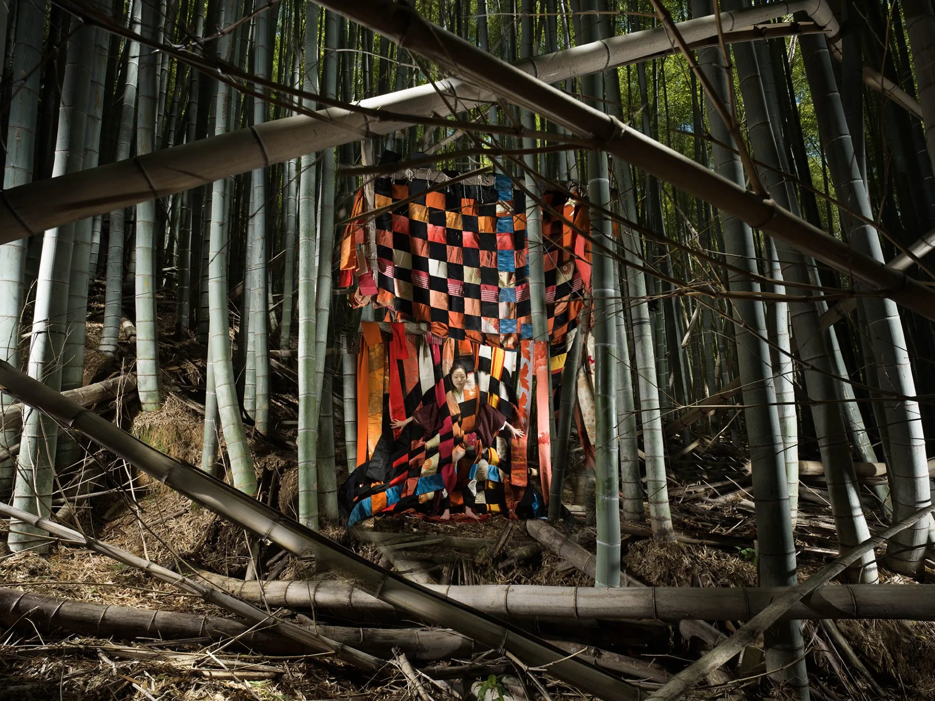 Une grande pièce de tissu en patchwork coloré suspendue au milieu d'une forêt de bambous, œuvre de Nicolas Henry.